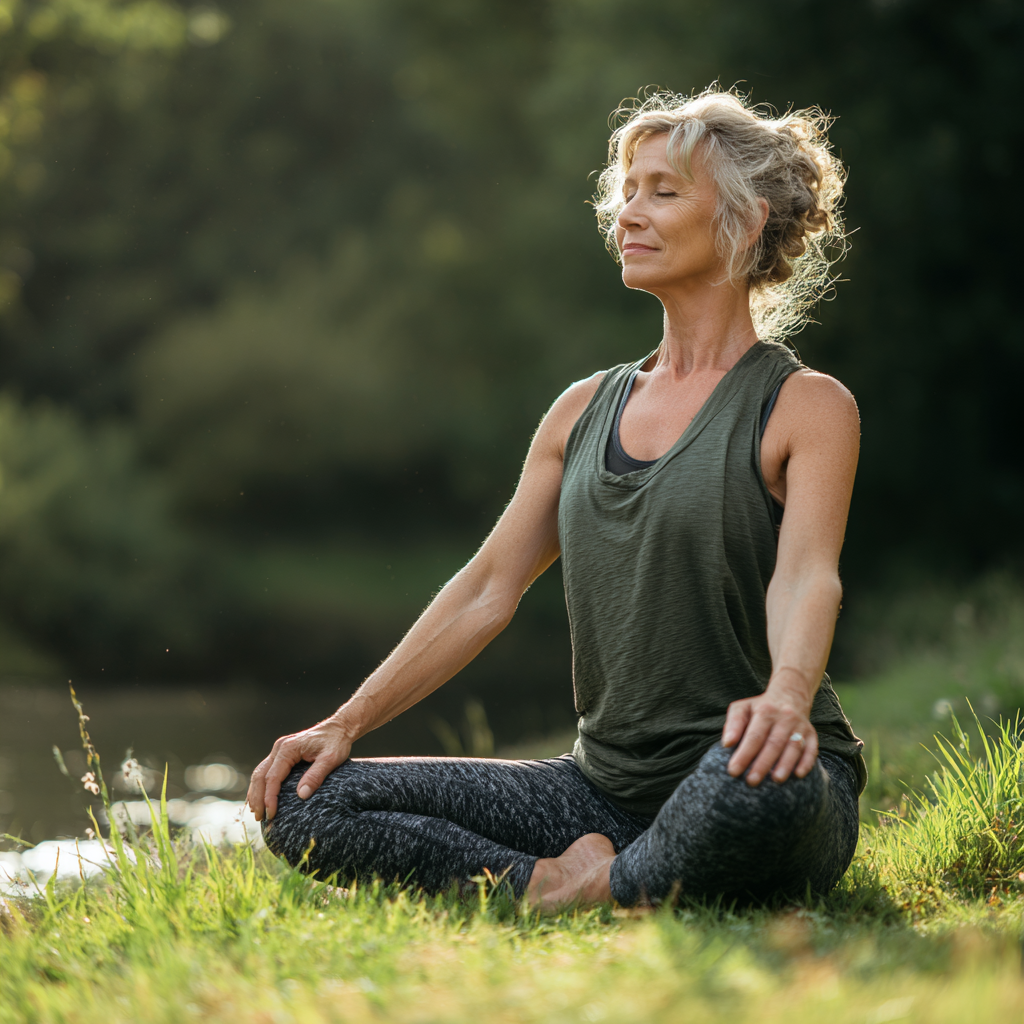Middle-aged woman practicing gentle yoga stretches in calm natural environment