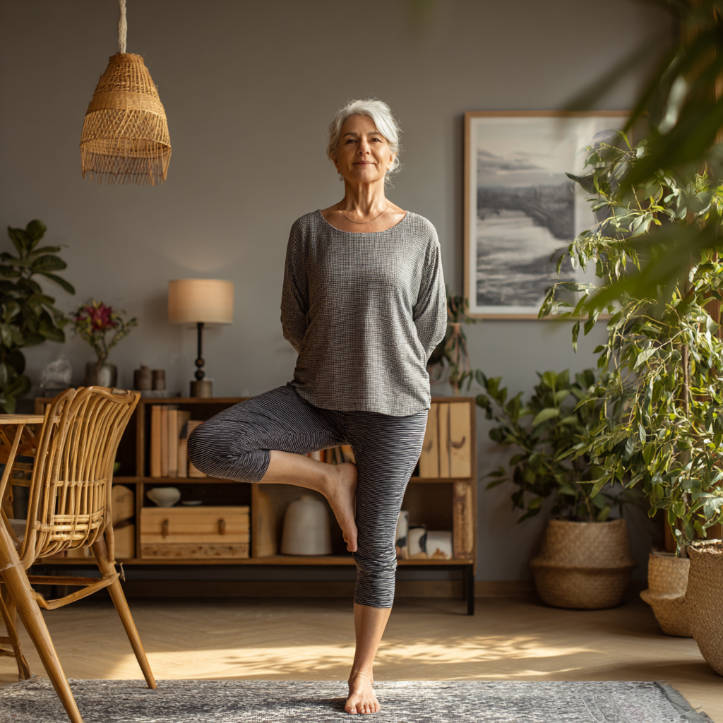 Older adult performing mindful yoga balance pose in serene indoor space